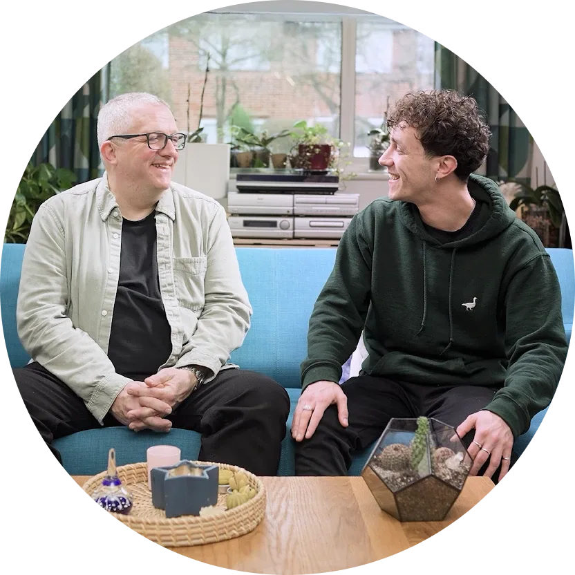 Fin, father & caregiver, and Devon, living with FCS